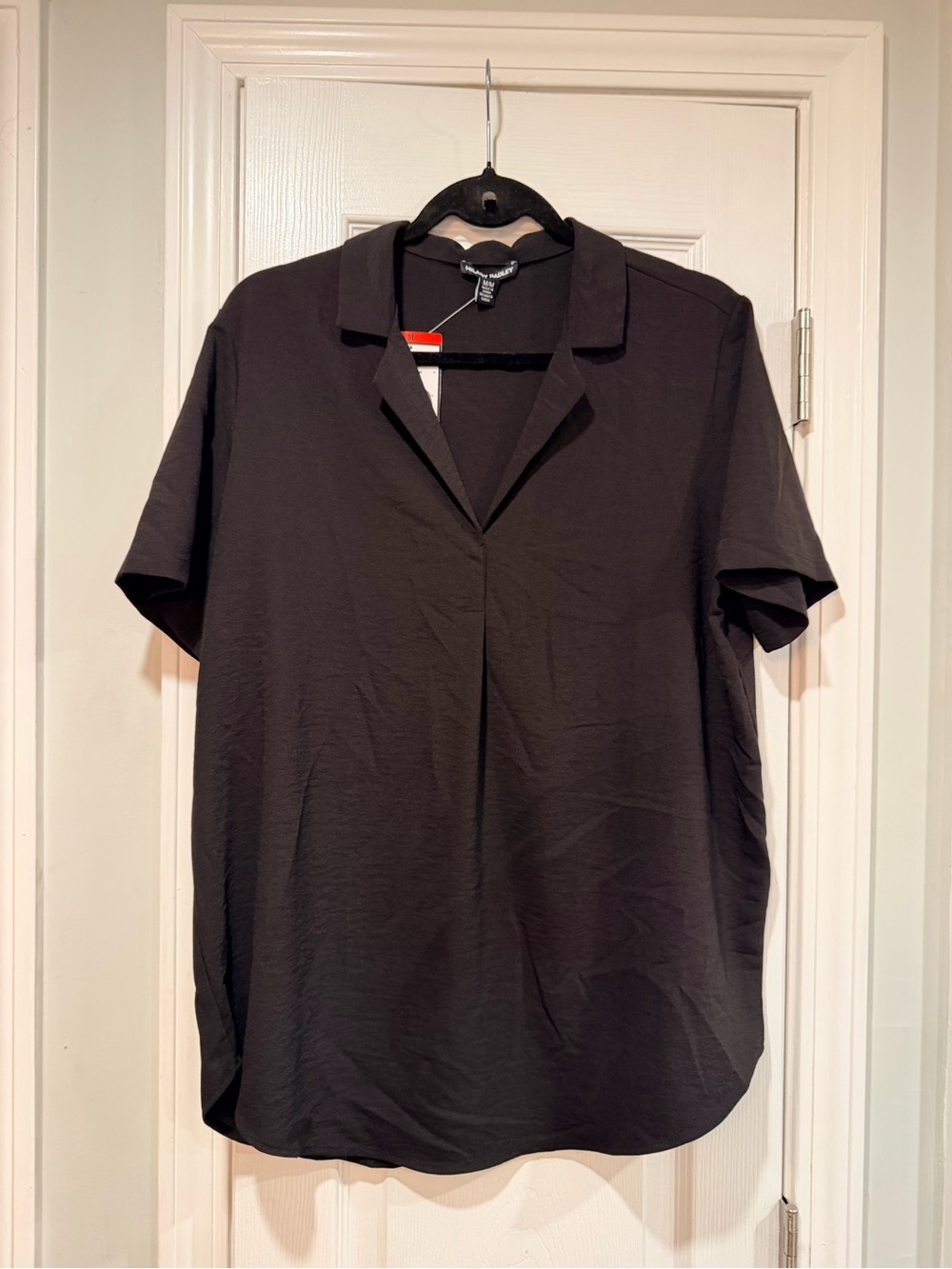 NWT Hilary Radley Size M Black Short Sleeve Collared V Neck Tunic Blouse Top